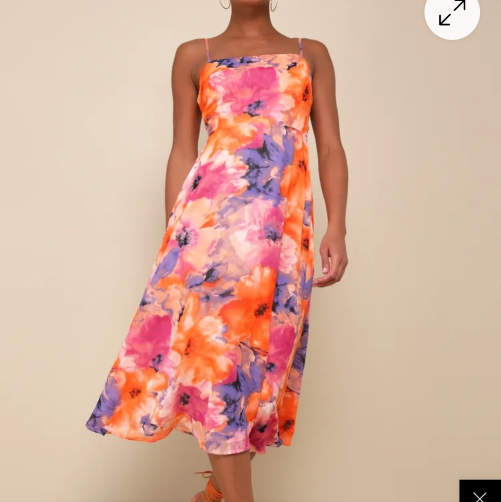Lulu's Vibrant Floral Midi Dress in Orange and Purple